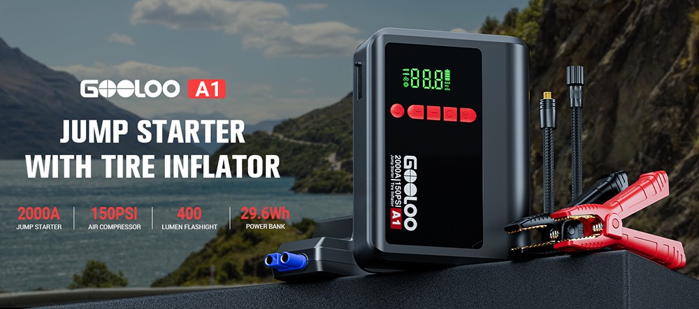 GOOLOO A1 2000A 12V Car Jump Starter with 150PSI Tire Inflator, 35L/Min Airflow, Auto-Shutoff, LED Light, For 7L Gas and 5.5L Diesel Vehicles