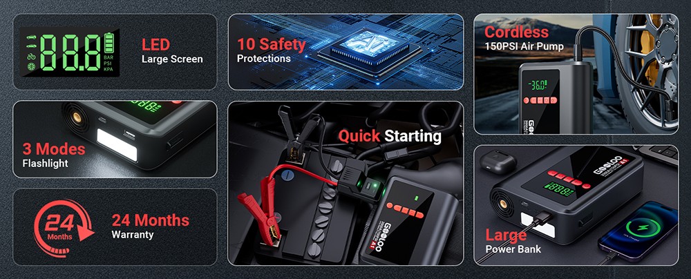 GOOLOO A1 2000A 12V Car Jump Starter with 150PSI Tire Inflator, 35L/Min Airflow, Auto-Shutoff, LED Light, For 7L Gas and 5.5L Diesel Vehicles