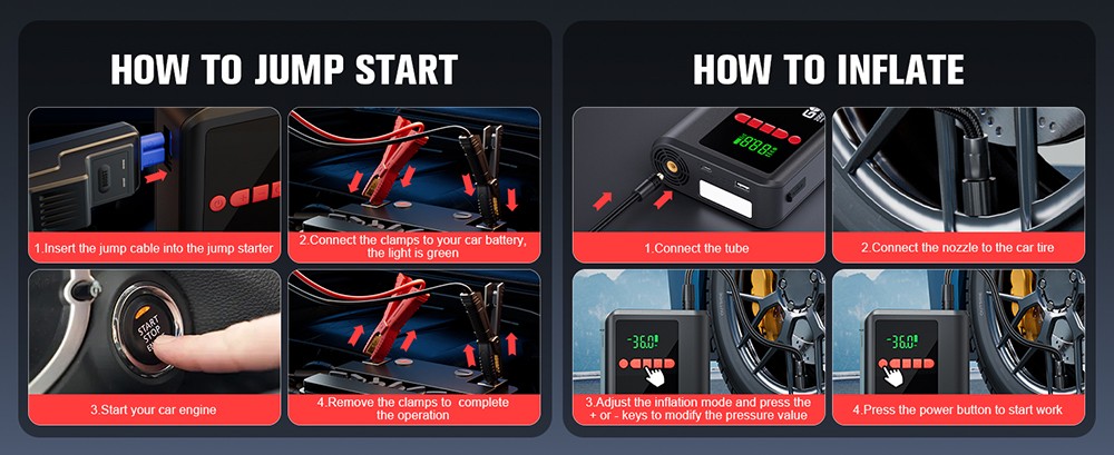 GOOLOO A1 2000A 12V Car Jump Starter with 150PSI Tire Inflator, 35L/Min Airflow, Auto-Shutoff, LED Light, For 7L Gas and 5.5L Diesel Vehicles