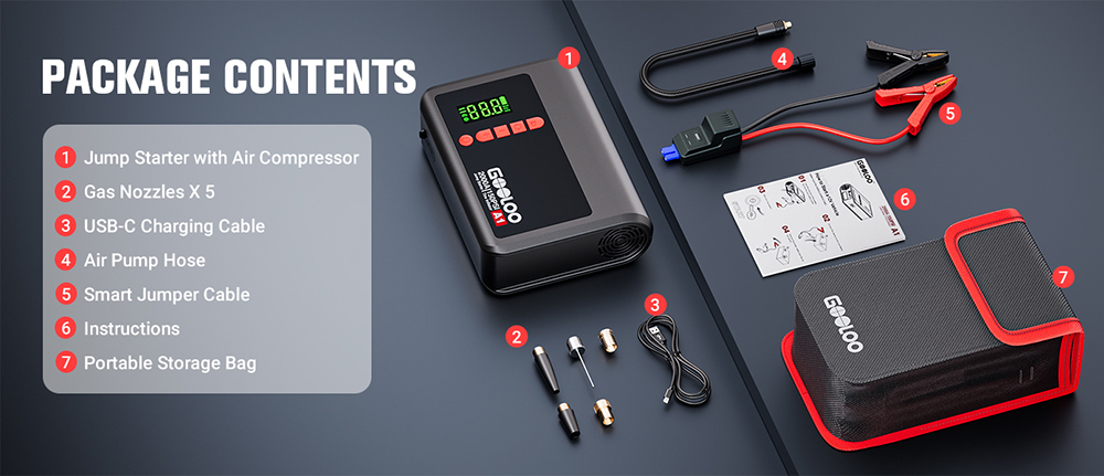 GOOLOO A1 2000A 12V Car Jump Starter with 150PSI Tire Inflator, 35L/Min Airflow, Auto-Shutoff, LED Light, For 7L Gas and 5.5L Diesel Vehicles