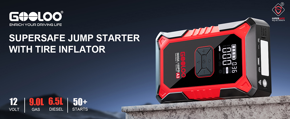 GOOLOO A3 3000A 12V Car Jump Starter with 150PSI Tire Inflator, 35L/Min Air Flow, Power Bank & LED Display, For 9L Gas and 6.5L Diesel Vehicles