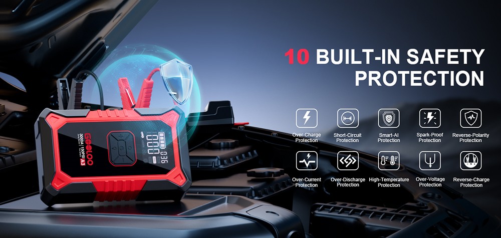 GOOLOO A3 3000A 12V Car Jump Starter with 150PSI Tire Inflator, 35L/Min Air Flow, Power Bank & LED Display, For 9L Gas and 6.5L Diesel Vehicles