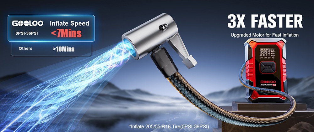 GOOLOO A3 3000A 12V Car Jump Starter with 150PSI Tire Inflator, 35L/Min Air Flow, Power Bank & LED Display, For 9L Gas and 6.5L Diesel Vehicles