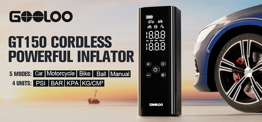 GOOLOO GT150 Portable Tire Inflator, 150PSI Cordless Air Compressor, 7500mAh Battery, 5 Inflation Modes, 4X Faster Tire Pump, Pressure Gauge & Auto-Shutoff, For Car/ Motorcycle/Bicycle/Ball