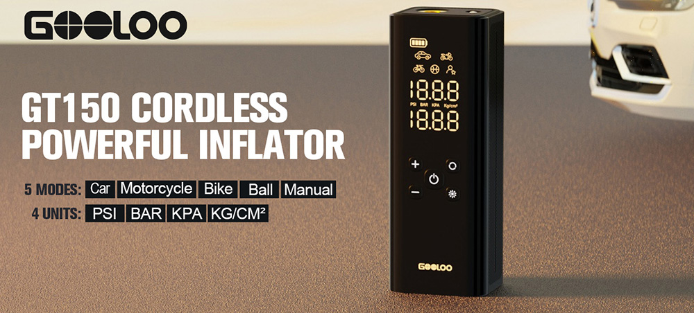 GOOLOO GT150 Portable Tire Inflator, 150PSI Cordless Air Compressor, 7500mAh Battery, 5 Inflation Modes, 4X Faster Tire Pump, Pressure Gauge & Auto-Shutoff, For Car/ Motorcycle/Bicycle/Ball