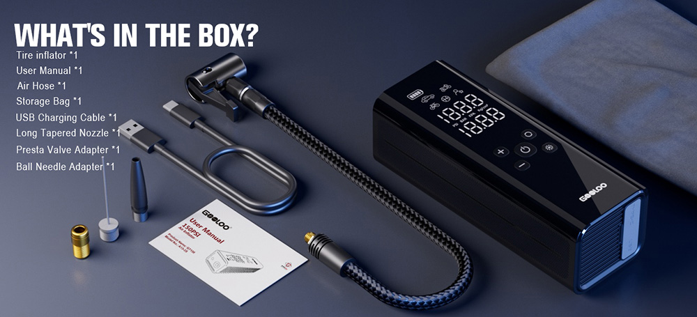 GOOLOO GT150 Portable Tire Inflator, 150PSI Cordless Air Compressor, 7500mAh Battery, 5 Inflation Modes, 4X Faster Tire Pump, Pressure Gauge & Auto-Shutoff, For Car/ Motorcycle/Bicycle/Ball