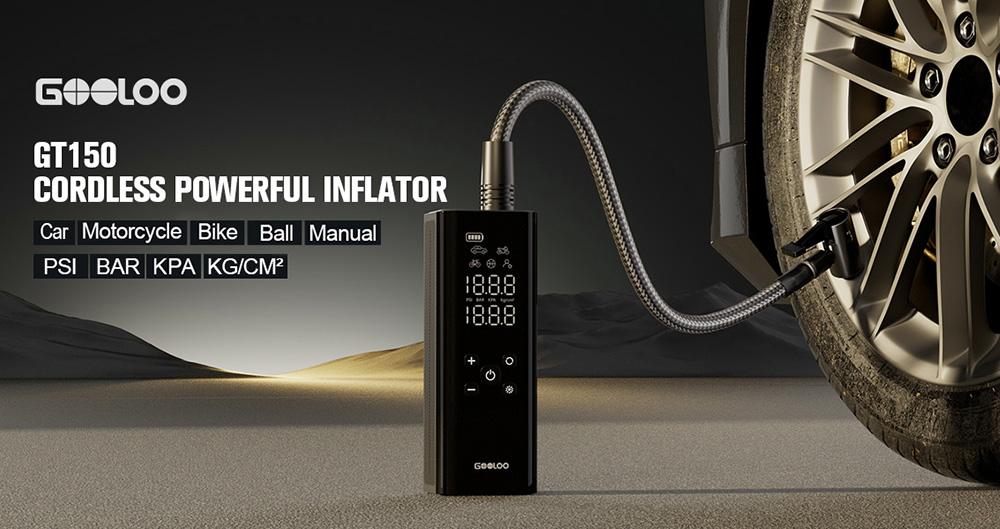 GOOLOO GT150 Portable Tire Inflator, 150PSI Cordless Air Compressor, 7500mAh Battery, 5 Inflation Modes, 4X Faster Tire Pump, Pressure Gauge & Auto-Shutoff, For Car/ Motorcycle/Bicycle/Ball