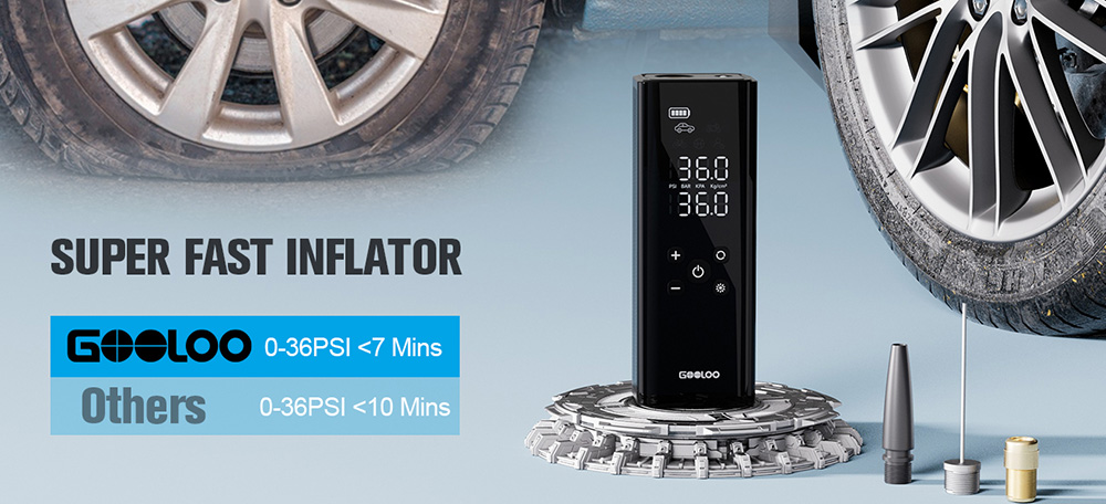 GOOLOO GT150 Portable Tire Inflator, 150PSI Cordless Air Compressor, 7500mAh Battery, 5 Inflation Modes, 4X Faster Tire Pump, Pressure Gauge & Auto-Shutoff, For Car/ Motorcycle/Bicycle/Ball
