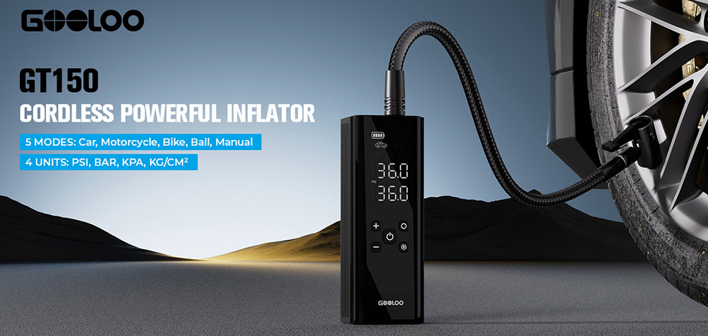 GOOLOO GT150 Portable Tire Inflator, 150PSI Cordless Air Compressor, 7500mAh Battery, 5 Inflation Modes, 4X Faster Tire Pump, Pressure Gauge & Auto-Shutoff, For Car/ Motorcycle/Bicycle/Ball