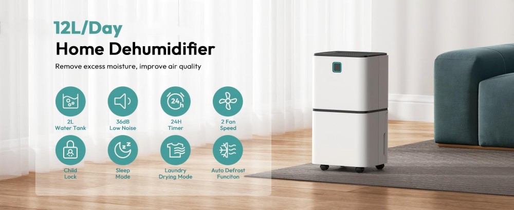 HUMILABS OL12-BD023F Tragbarer Luftentfeuchter f&uuml;r den Heimgebrauch, 12 l Entfeuchtungskapazit&auml;t, 3 Modi, automatisches Abtauen, 12-Stunden-Timer, LED-Touchscreen, ger&auml;uscharm, W&auml;schetrocknung