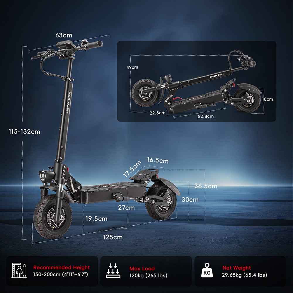 Halo Knight T104 elektromos robog&oacute;, 1200 W*2 motor, 52 V 21 Ah akkumul&aacute;tor, 10 h&uuml;velykes gumik, 65 km/h maxim&aacute;lis sebess&eacute;g, 45 km hat&oacute;t&aacute;v, első &eacute;s h&aacute;ts&oacute; elektromos t&aacute;rcsaf&eacute;kek, első &eacute;s h&aacute;ts&oacute; rug&oacute;s r&ouml;gz&iacute;t&eacute;s, NFC felold&aacute;s