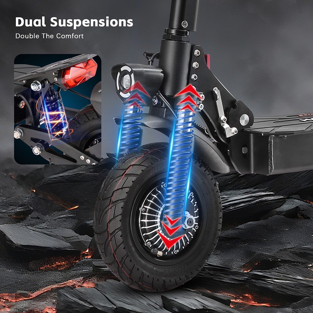 Halo Knight T104 elektromos robog&oacute;, 1200 W*2 motor, 52 V 21 Ah akkumul&aacute;tor, 10 h&uuml;velykes gumik, 65 km/h maxim&aacute;lis sebess&eacute;g, 45 km hat&oacute;t&aacute;v, első &eacute;s h&aacute;ts&oacute; elektromos t&aacute;rcsaf&eacute;kek, első &eacute;s h&aacute;ts&oacute; rug&oacute;s r&ouml;gz&iacute;t&eacute;s, NFC felold&aacute;s