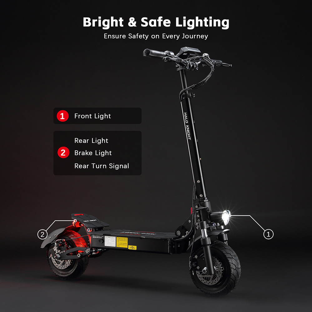 Halo Knight T104 elektromos robog&oacute;, 1200 W*2 motor, 52 V 21 Ah akkumul&aacute;tor, 10 h&uuml;velykes gumik, 65 km/h maxim&aacute;lis sebess&eacute;g, 45 km hat&oacute;t&aacute;v, első &eacute;s h&aacute;ts&oacute; elektromos t&aacute;rcsaf&eacute;kek, első &eacute;s h&aacute;ts&oacute; rug&oacute;s r&ouml;gz&iacute;t&eacute;s, NFC felold&aacute;s