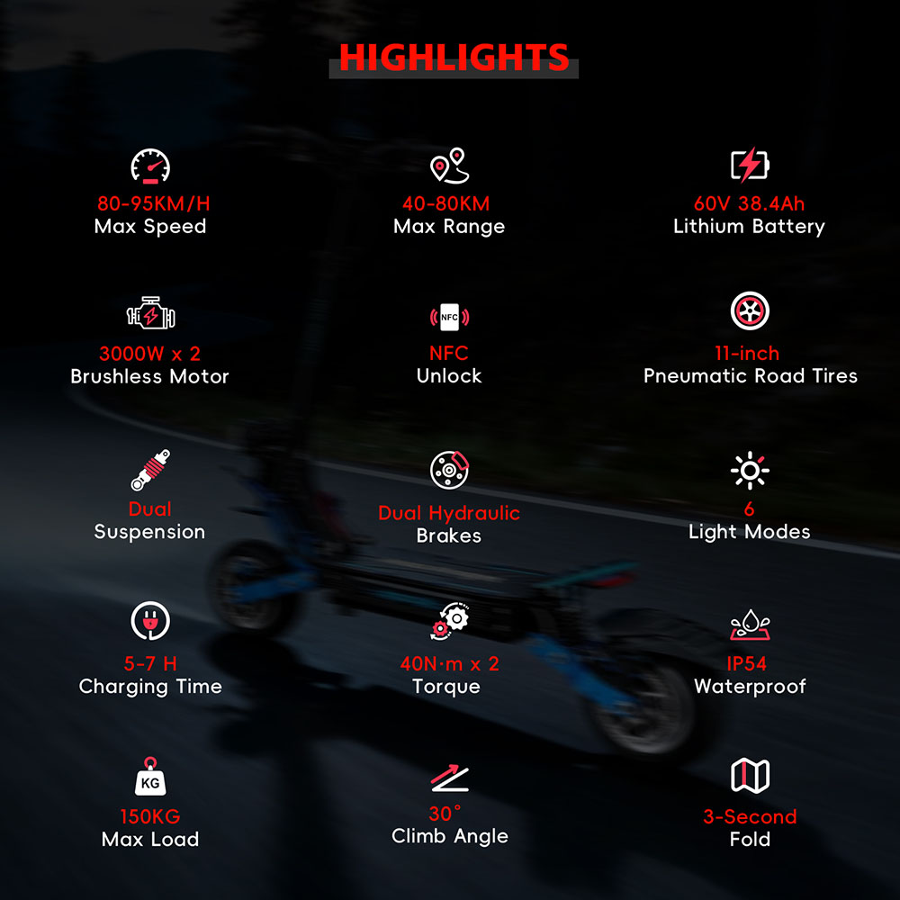 Halo Knight T108 Pro (Version 2025) Elektroroller, 2 x 3000 W Motor, 60 V 38,4 Ah Akku, 11 Zoll Reifen, 95 km/h H&ouml;chstgeschwindigkeit, 80 km Reichweite, doppelte hydraulische Bremsen, Federung vorne und hinten