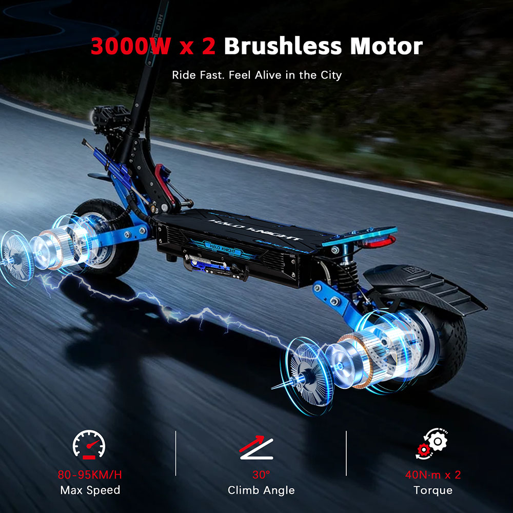 Halo Knight T108 Pro (Version 2025) Elektroroller, 2 x 3000 W Motor, 60 V 38,4 Ah Akku, 11 Zoll Reifen, 95 km/h H&ouml;chstgeschwindigkeit, 80 km Reichweite, doppelte hydraulische Bremsen, Federung vorne und hinten