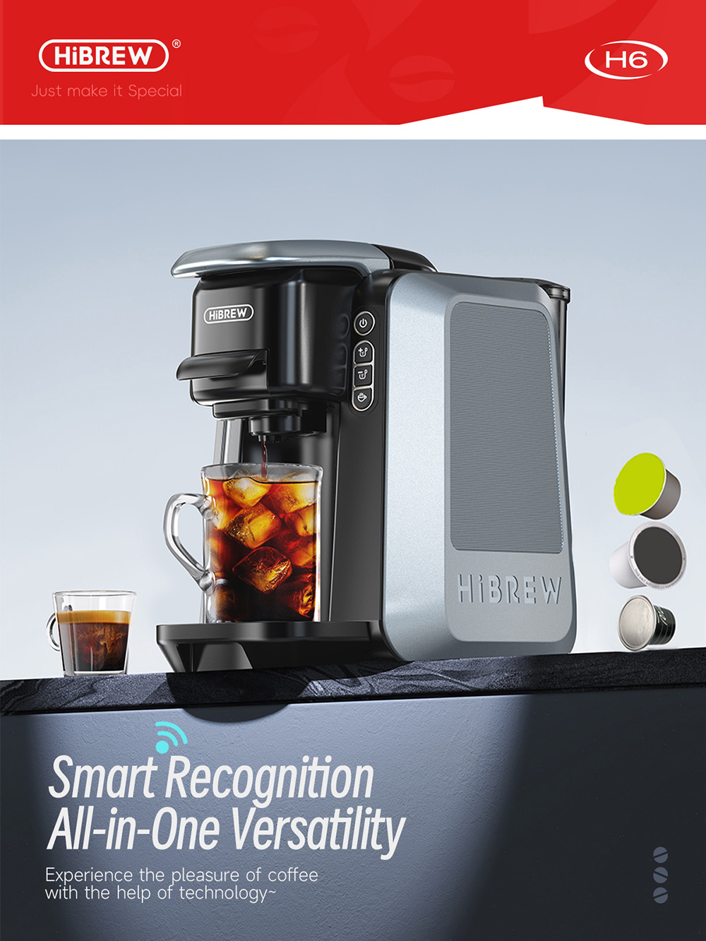 HiBREW H6 Machine &agrave; caf&eacute; &agrave; capsules 4-en-1, D&eacute;tente automatique de la pression, Compatible avec NES/DG/KCUP/Caf&eacute; moulu, Pr&eacute;-infusion et extraction &agrave; froid instantan&eacute;e, Minuterie 24H, Contr&ocirc;le de temp&eacute;rature PID intelligent