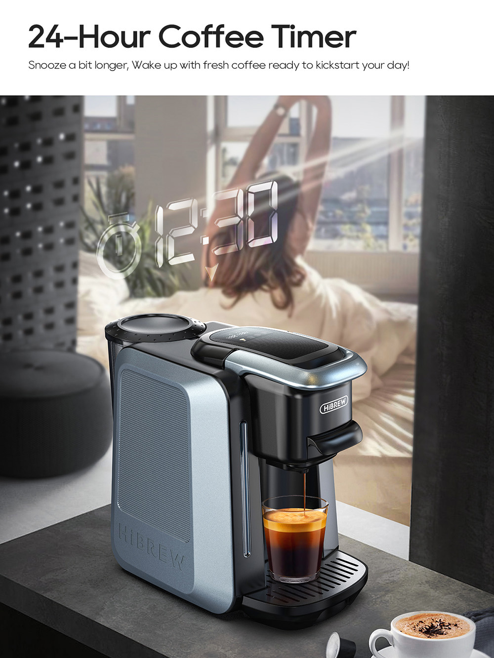 HiBREW H6 Machine &agrave; caf&eacute; &agrave; capsules 4-en-1, D&eacute;tente automatique de la pression, Compatible avec NES/DG/KCUP/Caf&eacute; moulu, Pr&eacute;-infusion et extraction &agrave; froid instantan&eacute;e, Minuterie 24H, Contr&ocirc;le de temp&eacute;rature PID intelligent
