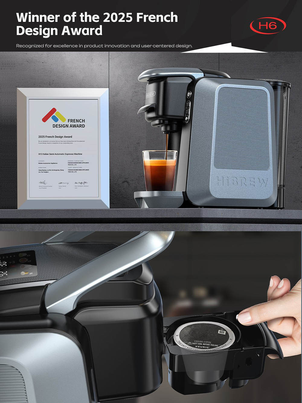 HiBREW H6 Machine &agrave; caf&eacute; &agrave; capsules 4-en-1, D&eacute;tente automatique de la pression, Compatible avec NES/DG/KCUP/Caf&eacute; moulu, Pr&eacute;-infusion et extraction &agrave; froid instantan&eacute;e, Minuterie 24H, Contr&ocirc;le de temp&eacute;rature PID intelligent