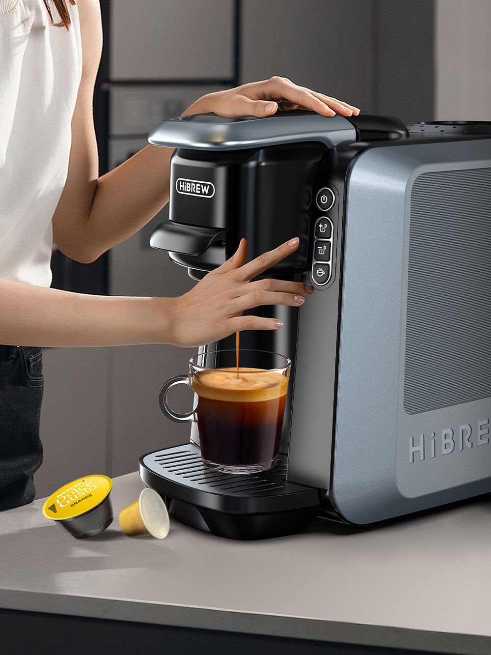 HiBREW H6 4-in-1 Multi-Capsule Espresso Coffee Machine, Automatic Pressure Release, Compatible with NES/DG/KCUP/Ground Coffee, Pre-Infusion & Instant Cold Brew, 24H Timer, Smart PID Temperature Control