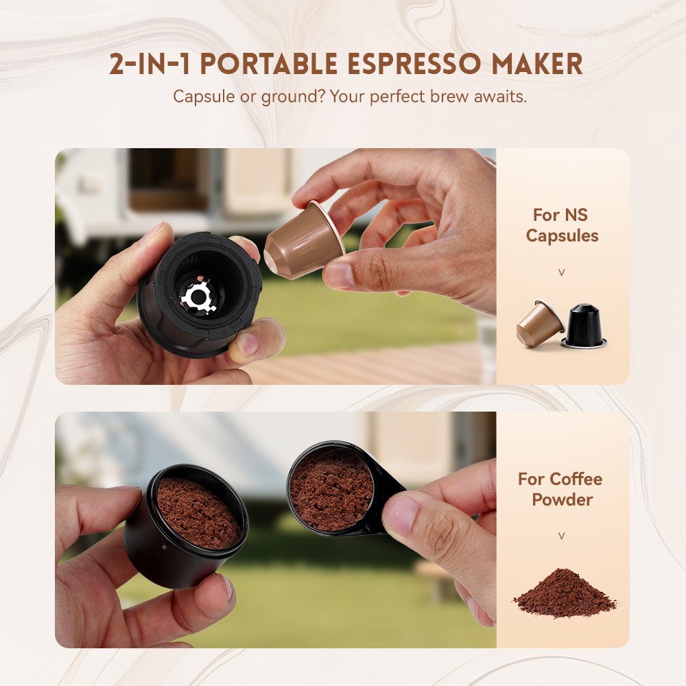 Hydrofast PO-100 Portable Espresso Maker, 20-Bar Pressure, 9600mAh Battery, 2-in-1 Capsule & Ground Coffee, Wireless Heating, Compact Travel Design