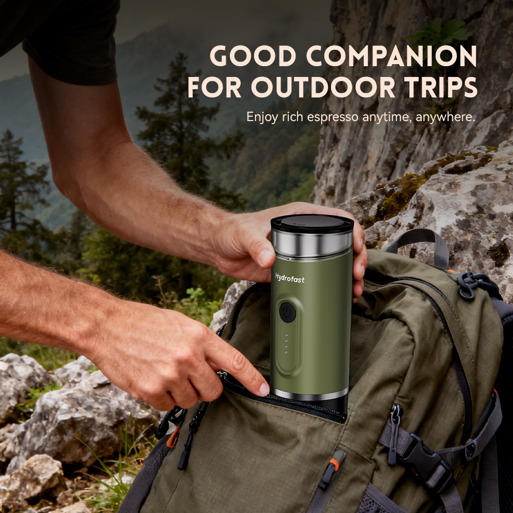 Hydrofast PO-100 Portable Espresso Maker, 20-Bar Pressure, 9600mAh Battery, 2-in-1 Capsule & Ground Coffee, Wireless Heating, Compact Travel Design
