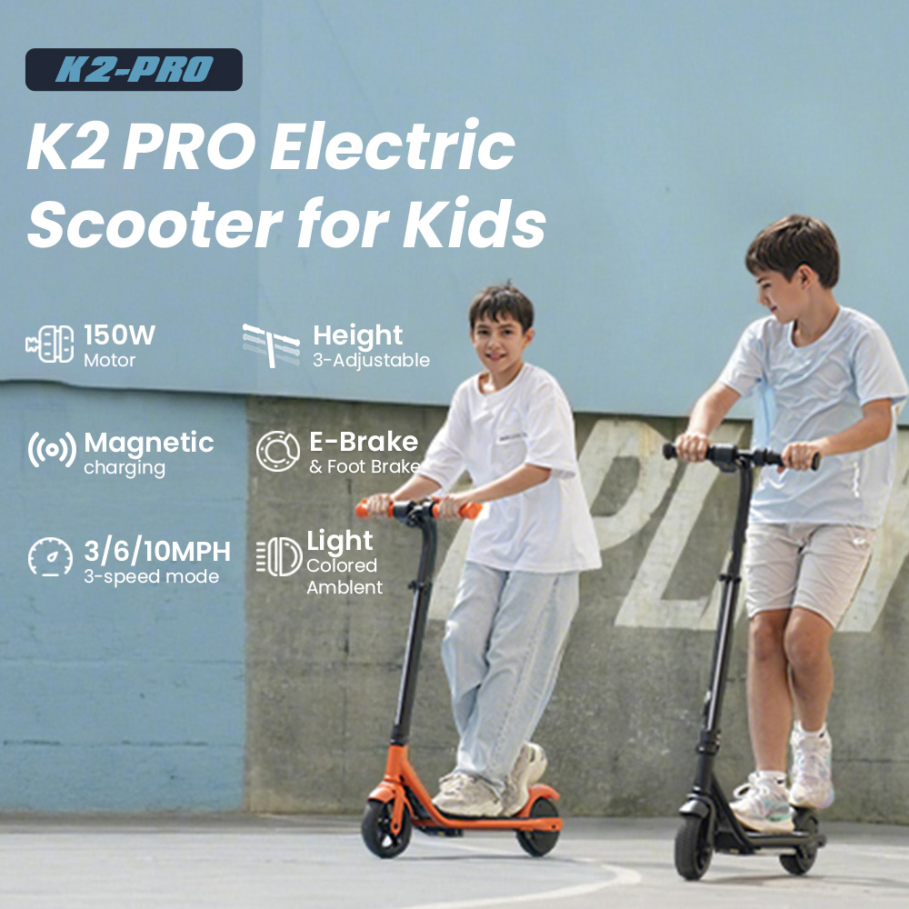 K2 Pro Elektroroller f&uuml;r Kinder, 150-W-Motor, 18-V-2,6-Ah-Akku, 15 km/h H&ouml;chstgeschwindigkeit, E-Bremse und Fu&szlig;bremse, magnetische Aufladung, LED-Display &ndash; Schwarz