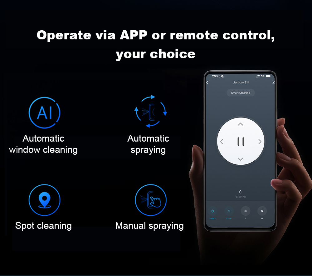 Liectroux S11 Fensterputzroboter, 8000 Pa starke Saugkraft, 4-Wege-Wasserspr&uuml;hautomatik, intelligente Navigation mit mehreren Reinigungsmodi, Multi-Sicherheitssystem mit Backup-Akku und Seil, Tuya-App und Fernbedienung, Sprachansagen