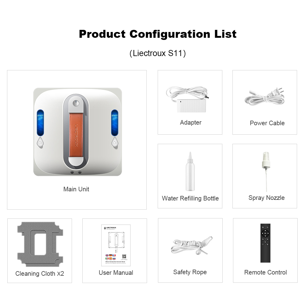 Liectroux S11 Fensterputzroboter, 8000 Pa starke Saugkraft, 4-Wege-Wasserspr&uuml;hautomatik, intelligente Navigation mit mehreren Reinigungsmodi, Multi-Sicherheitssystem mit Backup-Akku und Seil, Tuya-App und Fernbedienung, Sprachansagen
