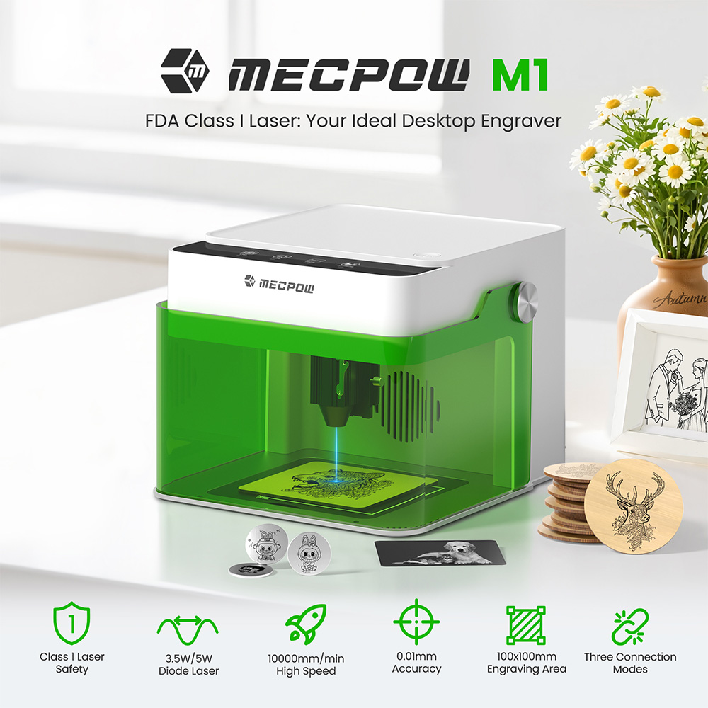 Mecpow M1 FDA Class 1 3.5W Laser Engraver, 0.01mm presnosť, 10000mm/min, 100x100mm gravírovacia plocha, WIFI & USB & TF Card pripojenie