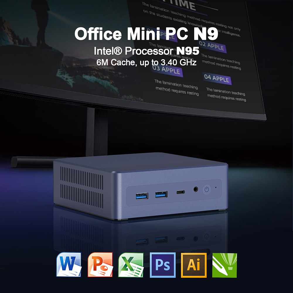 N9 Mini PC, Intel N95 4 Cores Max 3.4GHz, 16GB RAM 512GB SSD, DP + HDMI 4K 60Hz Dual Screen Display, WiFi 5 Bluetooth 4.0, 4*USB3.0, 1*Type-C, 1*RJ45, 1*Audio Jack
