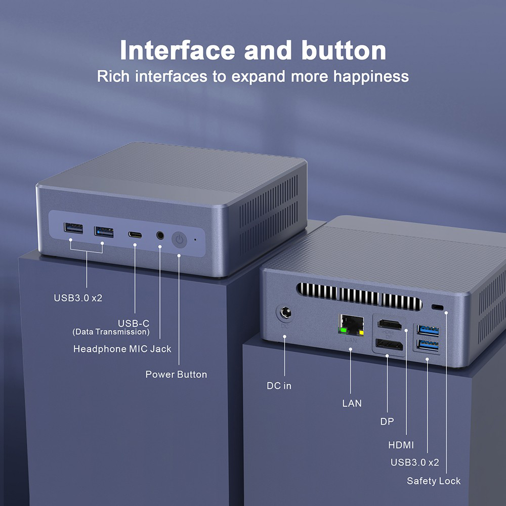 N9 Mini PC, Intel N95 4 Cores Max 3.4GHz, 16GB RAM 512GB SSD, DP + HDMI 4K 60Hz Dual Screen Display, WiFi 5 Bluetooth 4.0, 4*USB3.0, 1*Type-C, 1*RJ45, 1*Audio Jack