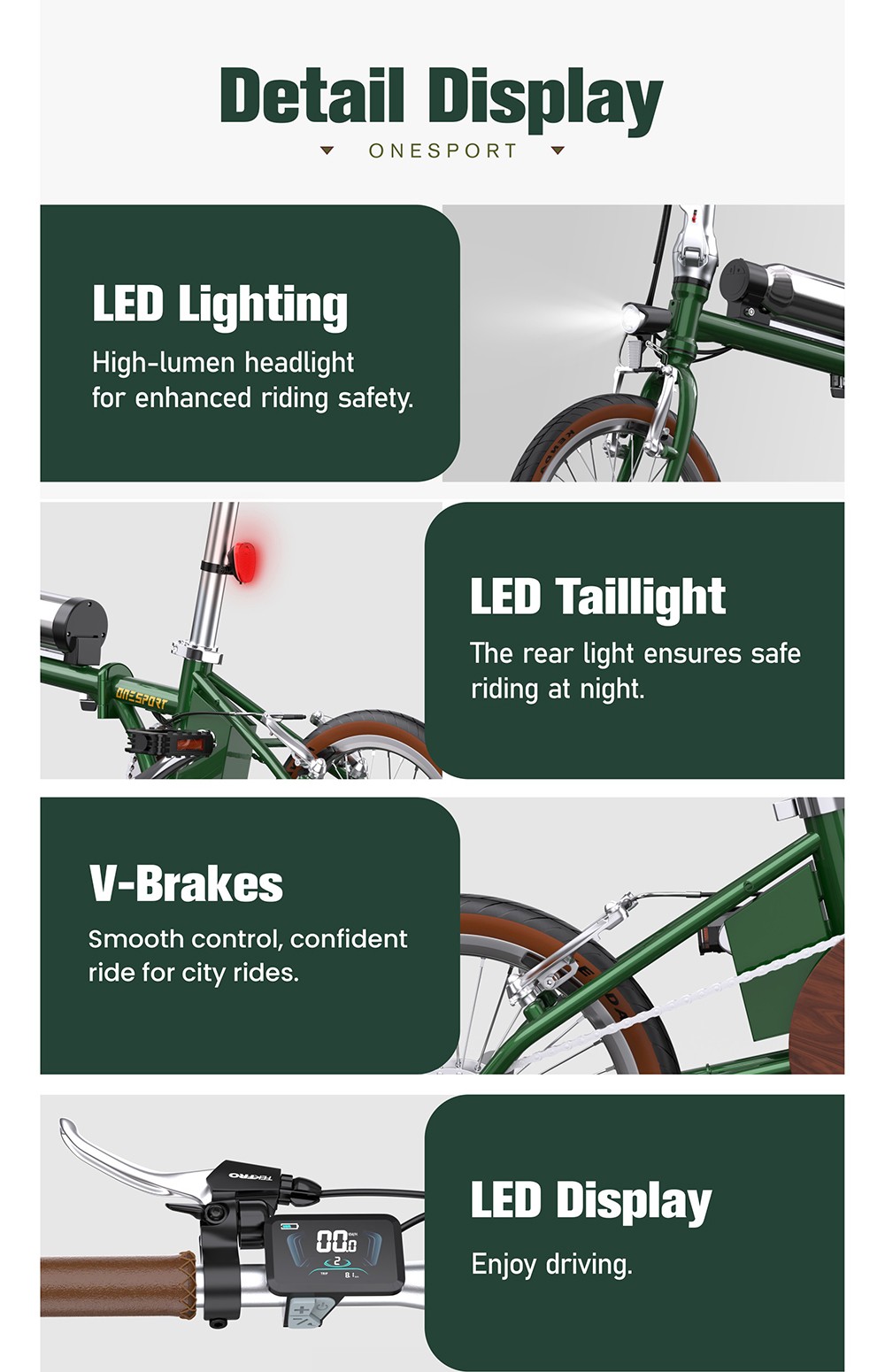 ONESPORT OT02 Folding Electric Bike, 250W Motor, 36V 5.2Ah Battery, 16 inch Tires, 25km/h Max Speed, 25km Range, V-type Brake - Green