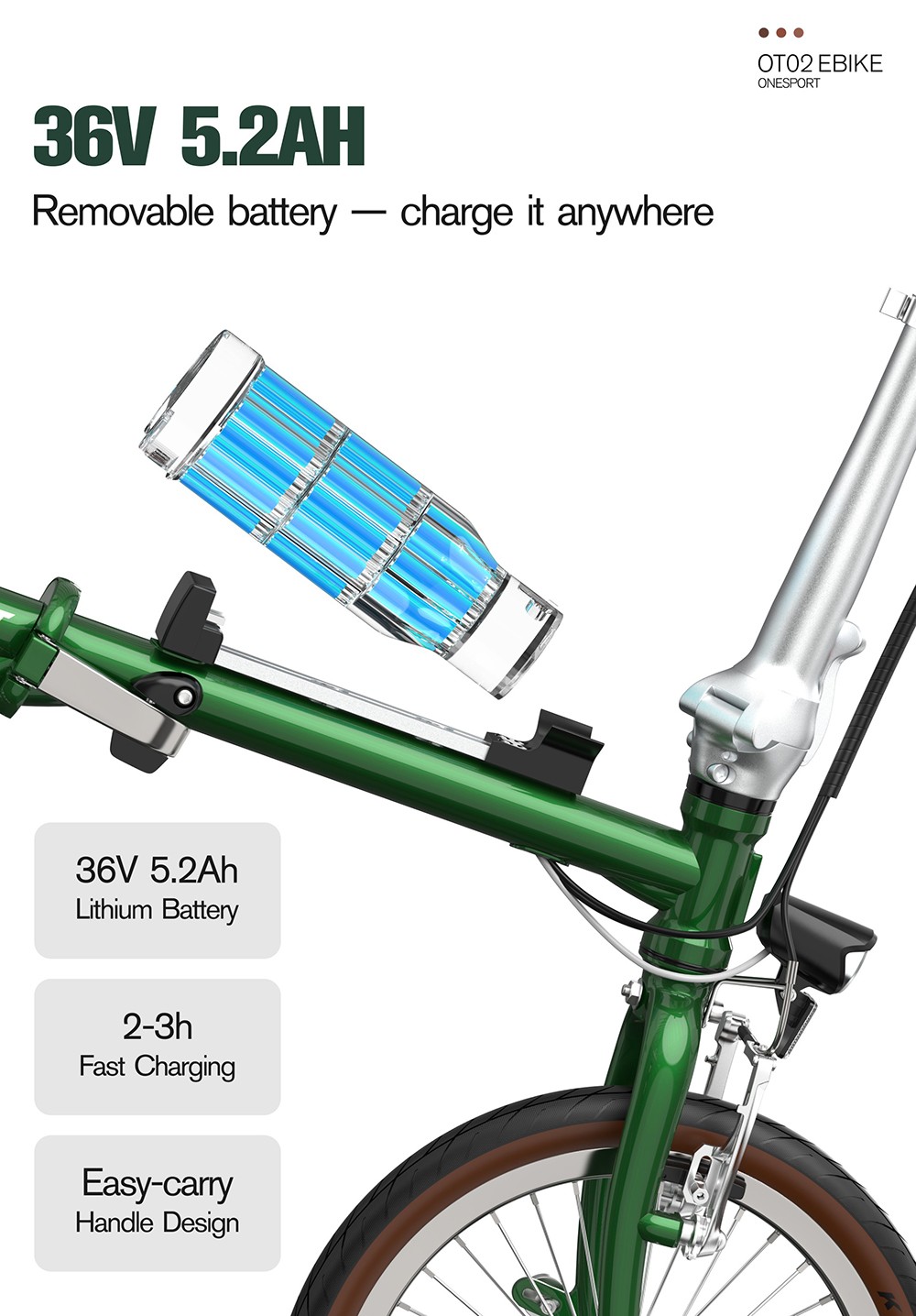 ONESPORT OT02 Folding Electric Bike, 250W Motor, 36V 5.2Ah Battery, 16 inch Tires, 25km/h Max Speed, 25km Range, V-type Brake - Green