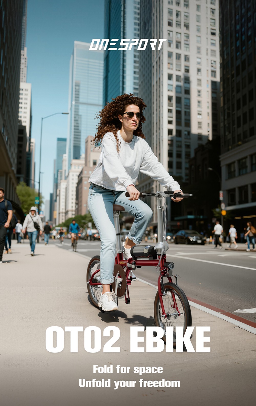 ONESPORT OT02 Skladací elektrický bicykel, 250W motor, 36V 5.2Ah batéria, 16 palcové pneumatiky, max. rýchlosť 25km/h, dojazd 25km, V-typ brzdy - červený