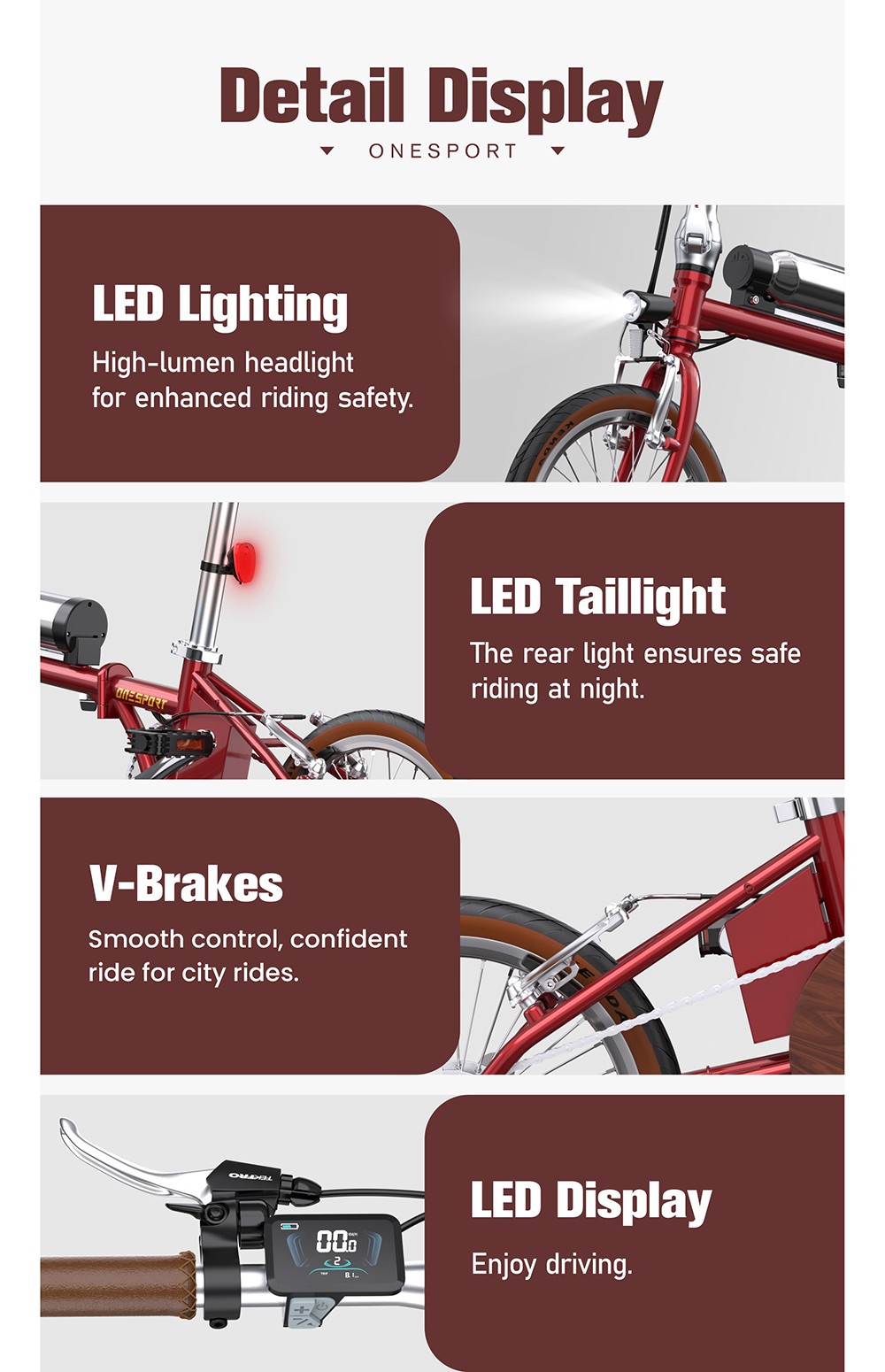 ONESPORT OT02 Skladací elektrický bicykel, 250W motor, 36V 5.2Ah batéria, 16-palcové pneumatiky, max. rýchlosť 25 km/h, dojazd 25 km, brzda typu V - červená