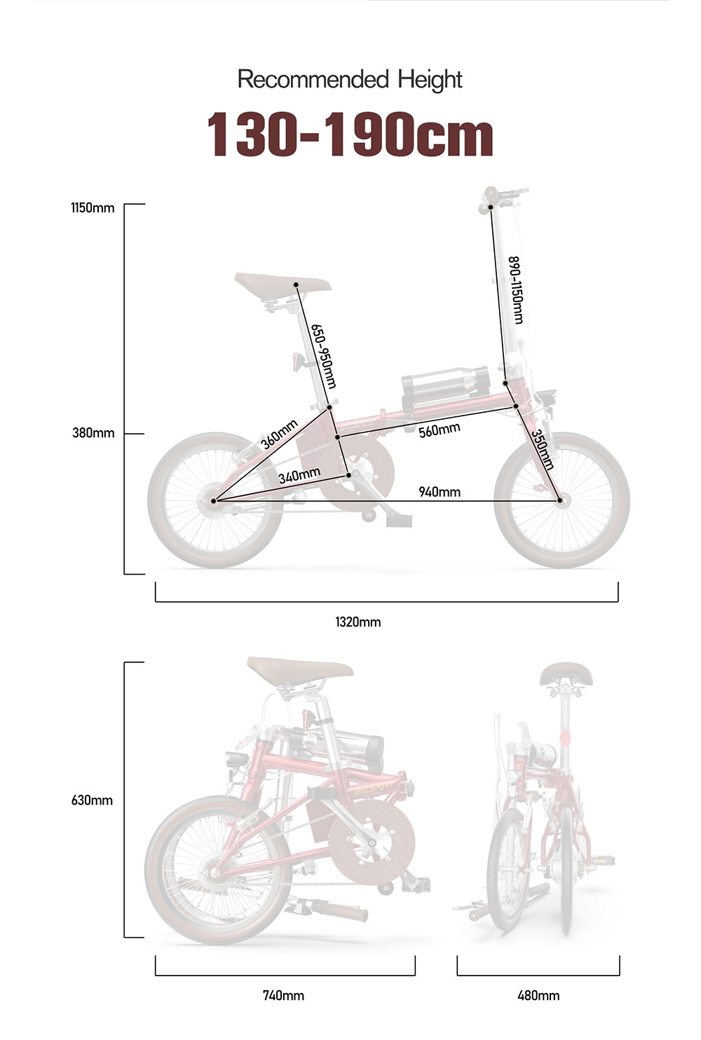 ONESPORT OT02 Skladací elektrický bicykel, 250W motor, 36V 5.2Ah batéria, 16-palcové pneumatiky, max. rýchlosť 25 km/h, dojazd 25 km, brzda typu V - červená