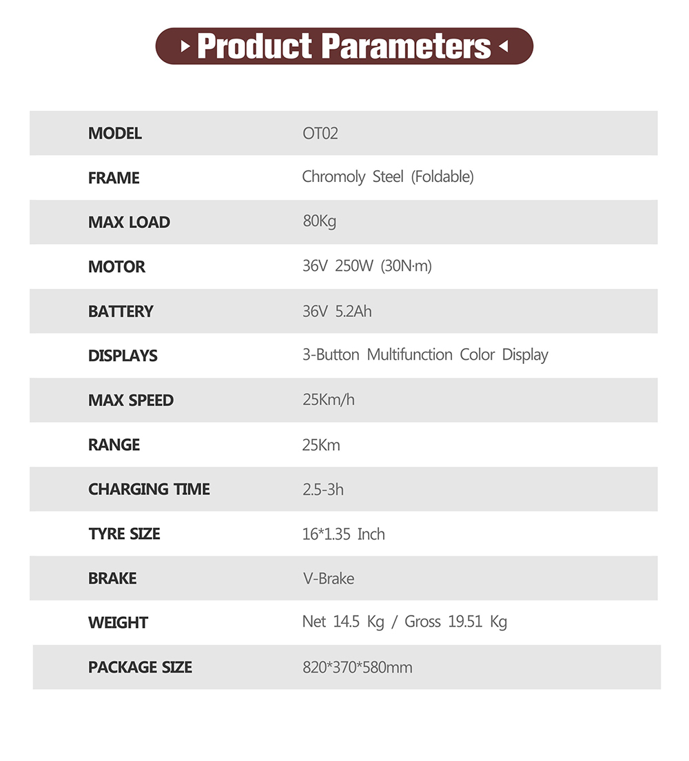 ONESPORT OT02 Skladací elektrický bicykel, 250W motor, 36V 5.2Ah batéria, 16 palcové pneumatiky, max. rýchlosť 25km/h, dojazd 25km, V-typ brzdy - červený