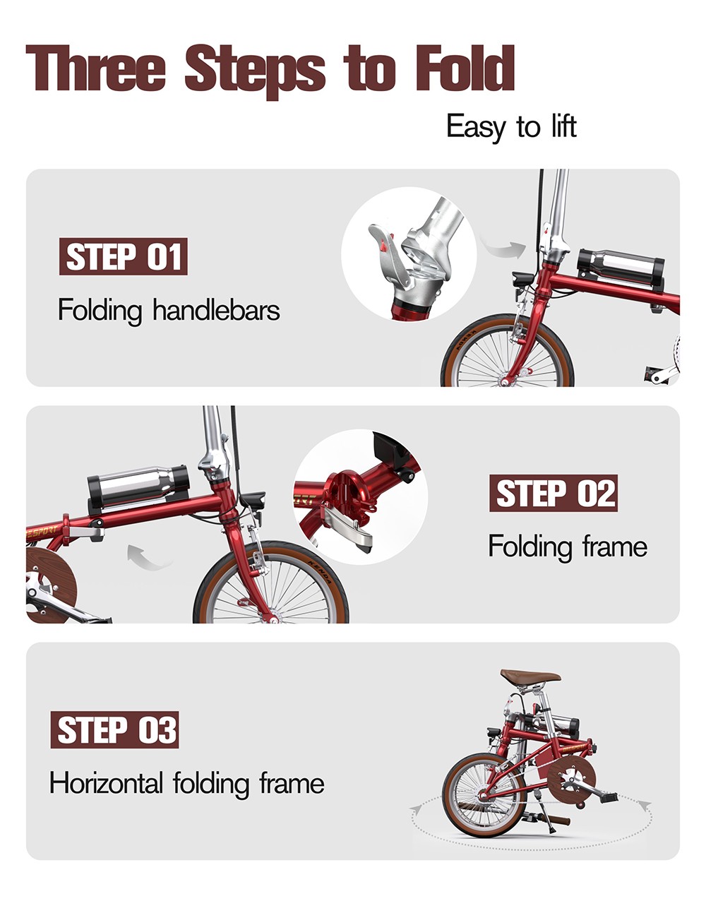 ONESPORT OT02 Skladací elektrický bicykel, 250W motor, 36V 5.2Ah batéria, 16-palcové pneumatiky, max. rýchlosť 25 km/h, dojazd 25 km, brzda typu V - červená