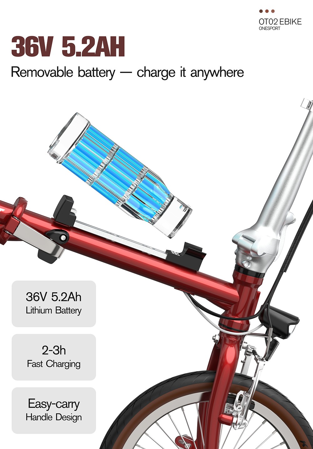 ONESPORT OT02 Skladací elektrický bicykel, 250W motor, 36V 5.2Ah batéria, 16 palcové pneumatiky, max. rýchlosť 25km/h, dojazd 25km, V-typ brzdy - červený