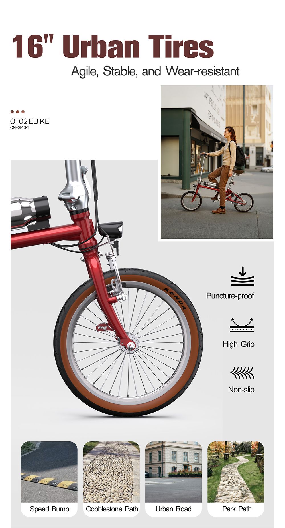 ONESPORT OT02 Skladací elektrický bicykel, 250W motor, 36V 5.2Ah batéria, 16-palcové pneumatiky, max. rýchlosť 25 km/h, dojazd 25 km, brzda typu V - červená