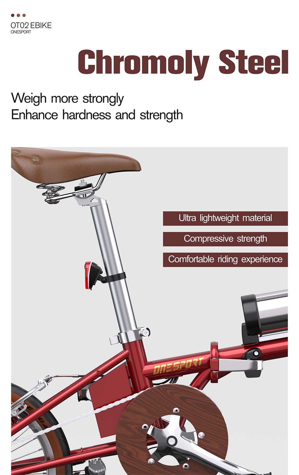 ONESPORT OT02 Skladací elektrický bicykel, 250W motor, 36V 5.2Ah batéria, 16-palcové pneumatiky, max. rýchlosť 25 km/h, dojazd 25 km, brzda typu V - červená