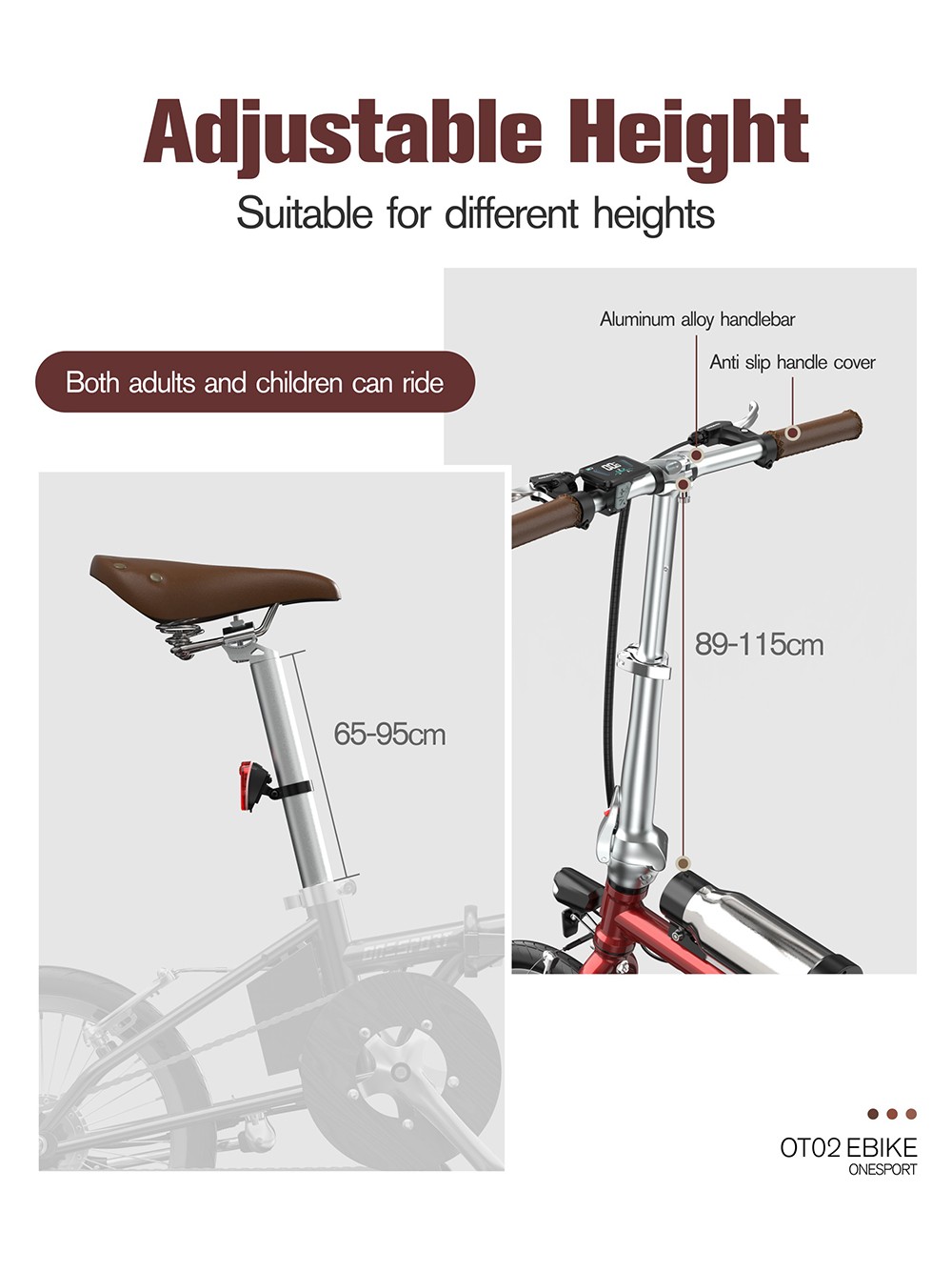 ONESPORT OT02 Skladací elektrický bicykel, 250W motor, 36V 5.2Ah batéria, 16-palcové pneumatiky, max. rýchlosť 25 km/h, dojazd 25 km, brzda typu V - červená