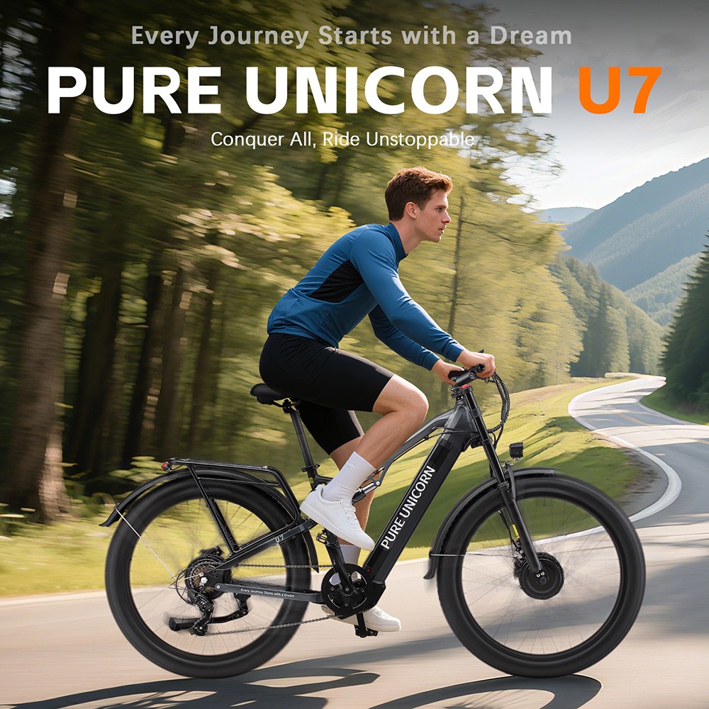 Elektrický bicykel PURE UNICORN U7, 1000W*2 motor, 48V 19,2Ah batéria, 27.5 palcové pneumatiky, max. rýchlosť 50 km/h, dojazd 60 km, hydraulické brzdy, predné hydraulické odpruženie, LCD displej, 7-rýchlostný prevod Shimano