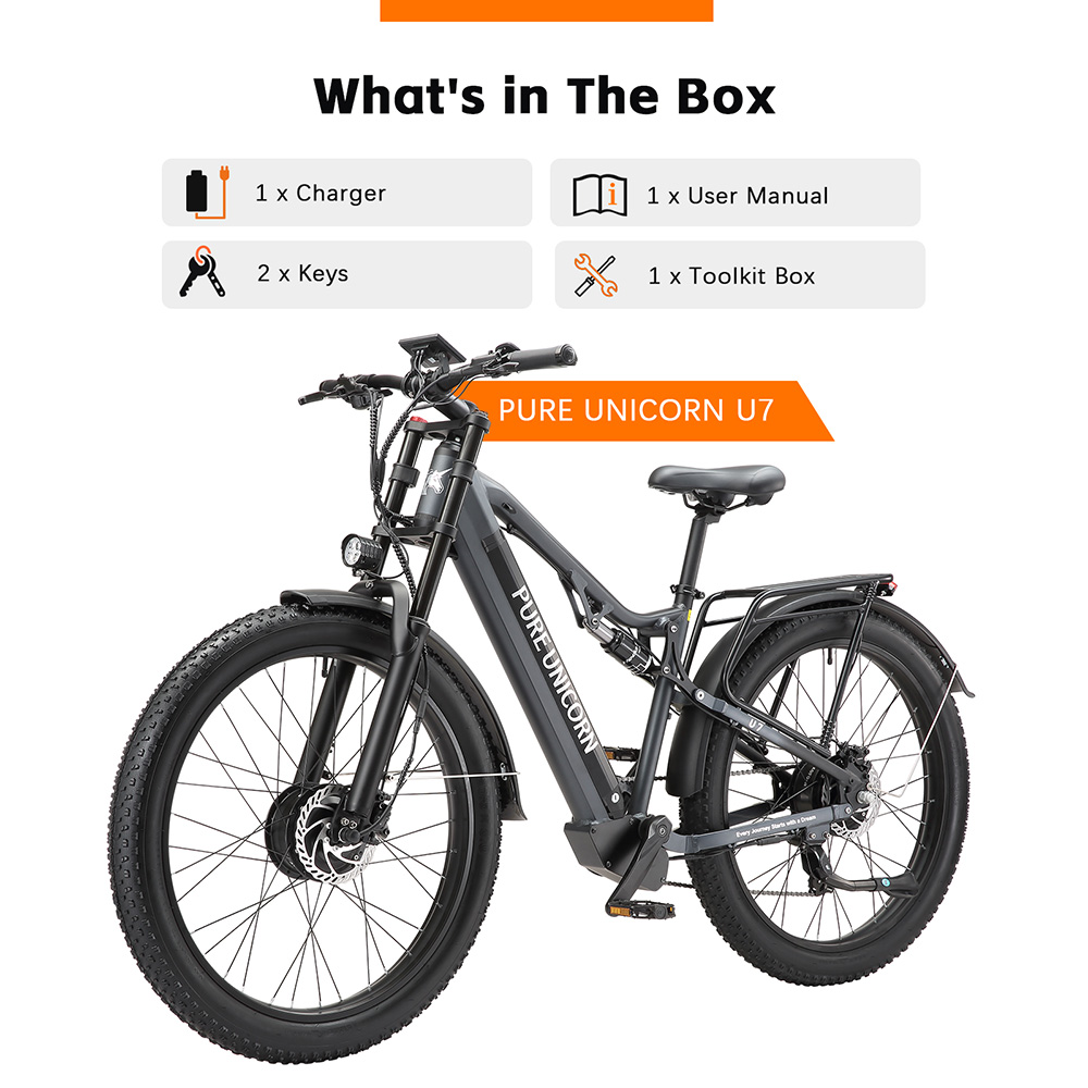 Elektrobicykel PURE UNICORN U7, 1000W*2 motor, 48V 19,2Ah batéria, 27,5 palcové pneumatiky, max. rýchlosť 50 km/h, dojazd 60 km, hydraulické brzdy, predné hydraulické odpruženie, LCD displej, 7-rýchlostný systém Shimano