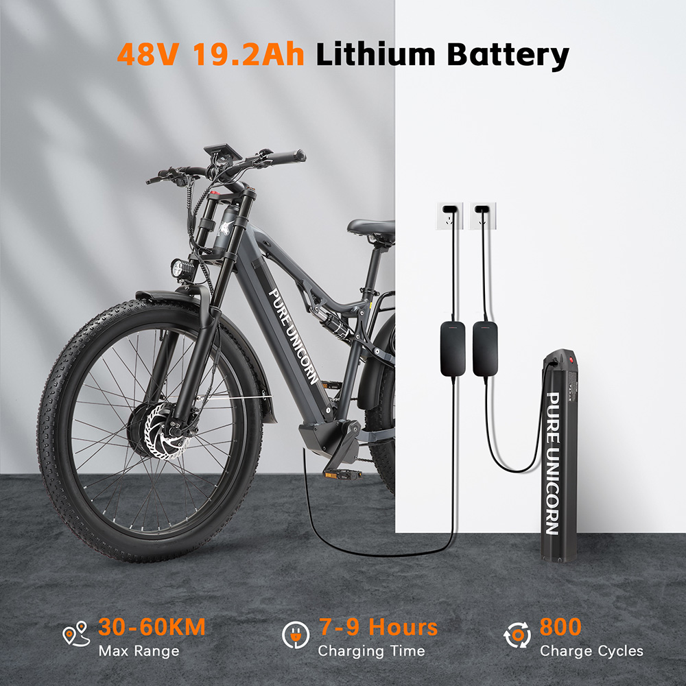 Elektrický bicykel PURE UNICORN U7, 1000W*2 motor, 48V 19,2Ah batéria, 27.5 palcové pneumatiky, max. rýchlosť 50 km/h, dojazd 60 km, hydraulické brzdy, predné hydraulické odpruženie, LCD displej, 7-rýchlostný prevod Shimano