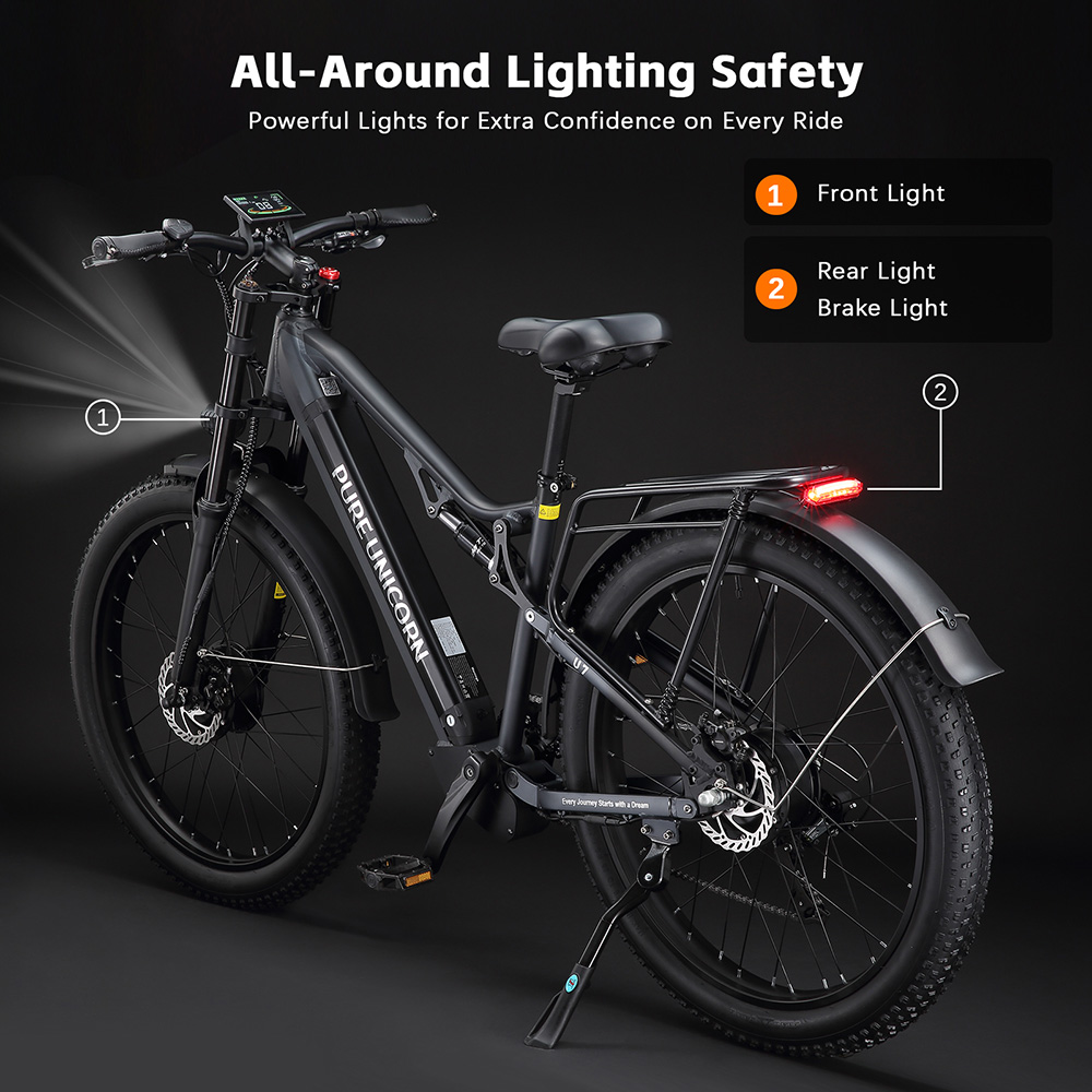 Elektrický bicykel PURE UNICORN U7, 1000W*2 motor, 48V 19,2Ah batéria, 27.5 palcové pneumatiky, max. rýchlosť 50 km/h, dojazd 60 km, hydraulické brzdy, predné hydraulické odpruženie, LCD displej, 7-rýchlostný prevod Shimano