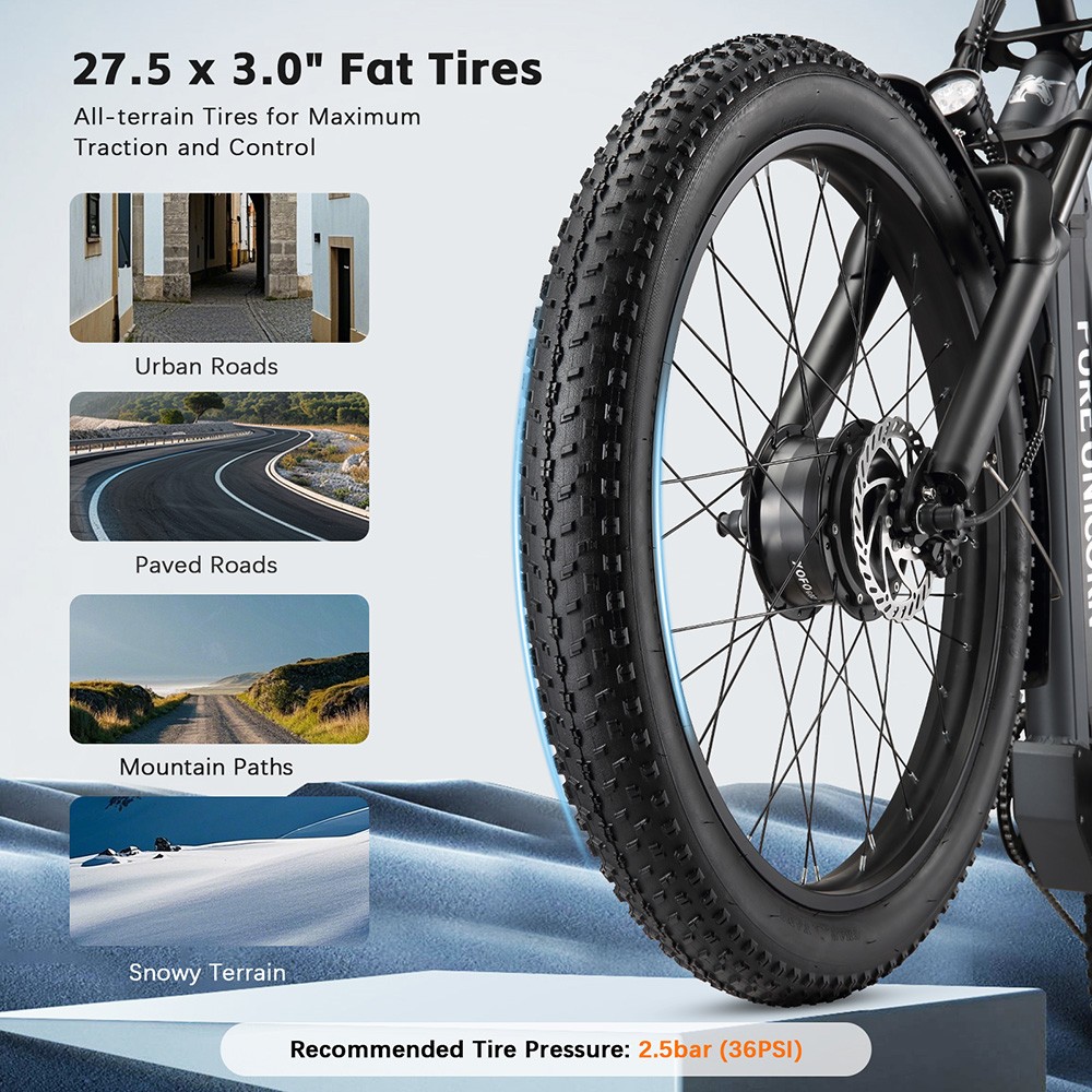 Elektrický bicykel PURE UNICORN U7, 1000W*2 motor, 48V 19,2Ah batéria, 27.5 palcové pneumatiky, max. rýchlosť 50 km/h, dojazd 60 km, hydraulické brzdy, predné hydraulické odpruženie, LCD displej, 7-rýchlostný prevod Shimano