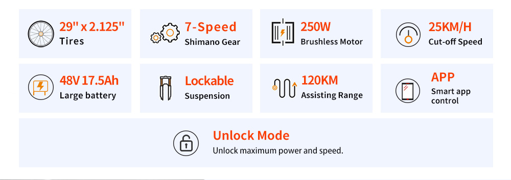 PVY M29 Electric Bike, 250W Motor, 48V 17.5Ah Battery, 29 inch Tires, 25km/h Max Speed, 120km Range, Dual Mechanical Disc Brakes, Front Hydraulic Shock Absorber, Shimano 7-speed, APP Control - Orange
