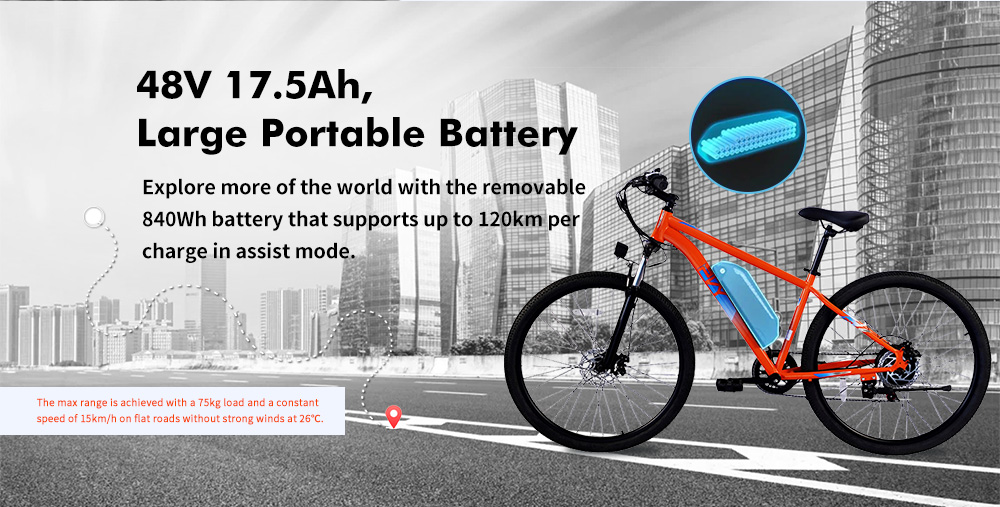 PVY M29 Electric Bike, 250W Motor, 48V 17.5Ah Battery, 29 inch Tires, 25km/h Max Speed, 120km Range, Dual Mechanical Disc Brakes, Front Hydraulic Shock Absorber, Shimano 7-speed, APP Control - Orange