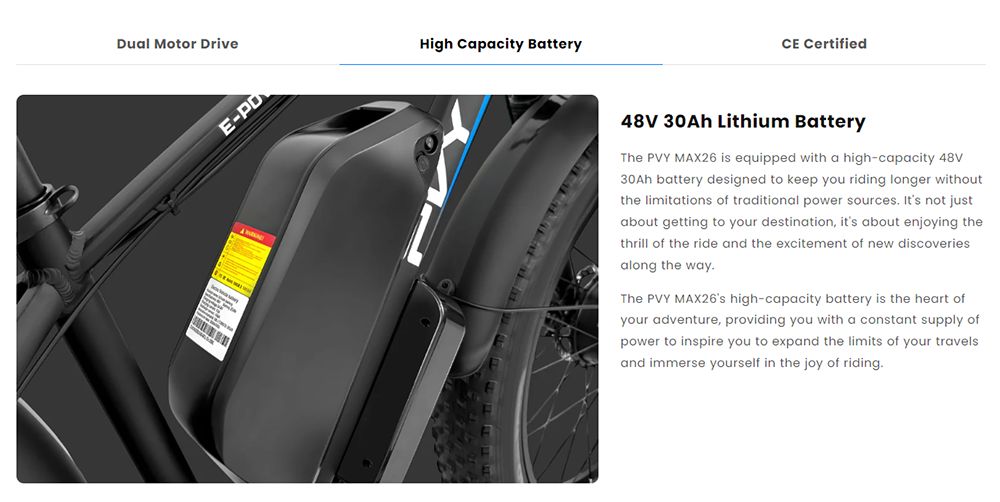 PVY MAX26 Electric Bike, 250W*2 Motor, 48V 30Ah Battery, 26*4.0 inch Tires, 25km/h Max Speed, 200km Range, Hydraulic Brake, Lockable Shock Absorbing Fork, Shimano 7-speed - Black